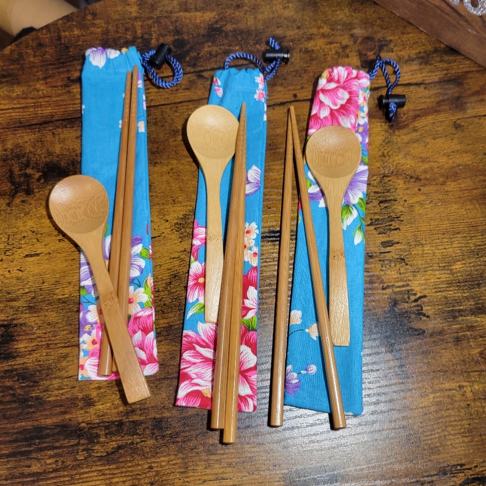 Bamboo Utensil Set with Floral Pouches lot of 3